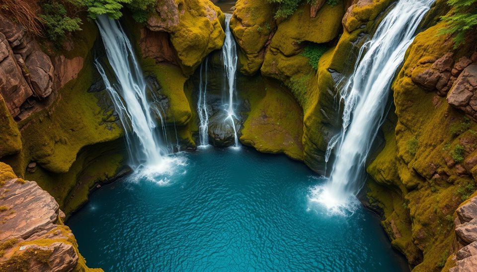 Photorealistic photo of A majestic waterfall cascading down lush green mossy rocks into a crystal clear pool, high-angle view from above, warm golden light, calm mood, 16:9 aspect ratio