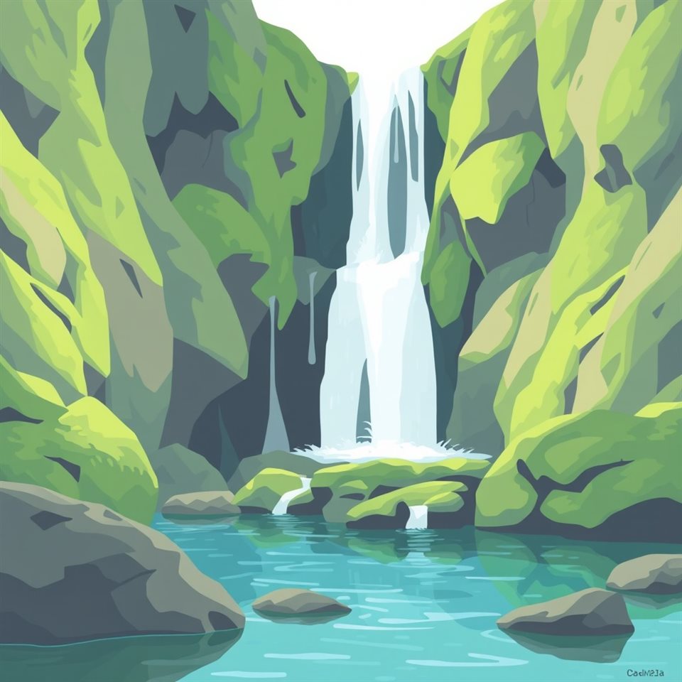 Minimal flat illustration of A majestic waterfall cascading down lush green mossy rocks into a crystal clear pool, close-up detail with shallow depth of field, soft pastel colors, bright and cozy, 1:1 aspect ratio