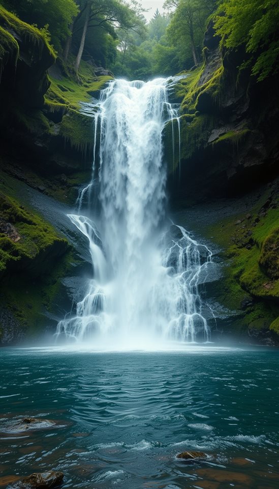 Photorealistic photo of A majestic waterfall cascading down lush green mossy rocks into a crystal clear pool, centered subject with a simple uncluttered composition, moody dark tones, dramatic lighting, 9:16 aspect ratio