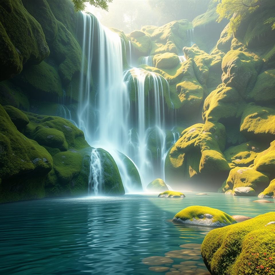Soft 3D render of A majestic waterfall cascading down lush green mossy rocks into a crystal clear pool, close-up detail with shallow depth of field, misty morning haze, dreamy, 1:1 aspect ratio