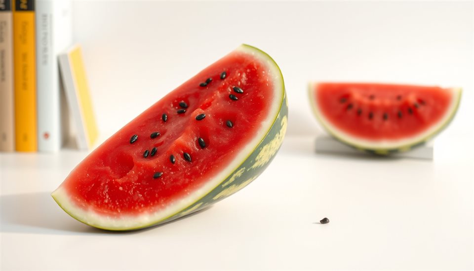 Photorealistic photo of A vibrant red watermelon slice with black seeds resting on a clean white background, centered subject with a simple uncluttered composition, warm golden light, calm mood, 16:9 aspect ratio