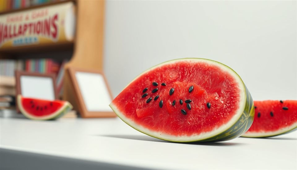 Cinematic film still of A vibrant red watermelon slice with black seeds resting on a clean white background, close-up detail with shallow depth of field, vivid colors, high contrast, energetic, 16:9 aspect ratio