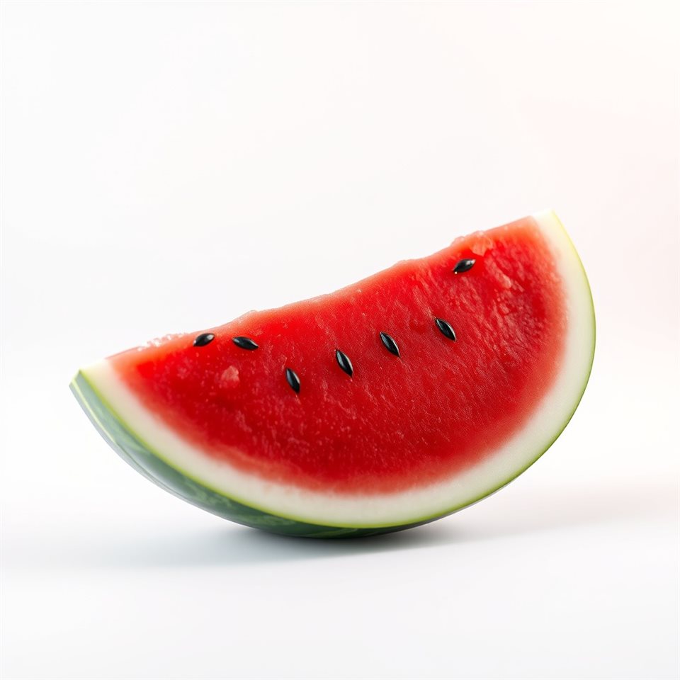 Soft 3D render of A vibrant red watermelon slice with black seeds resting on a clean white background, wide shot with open space at the top for text, misty morning haze, dreamy, 1:1 aspect ratio