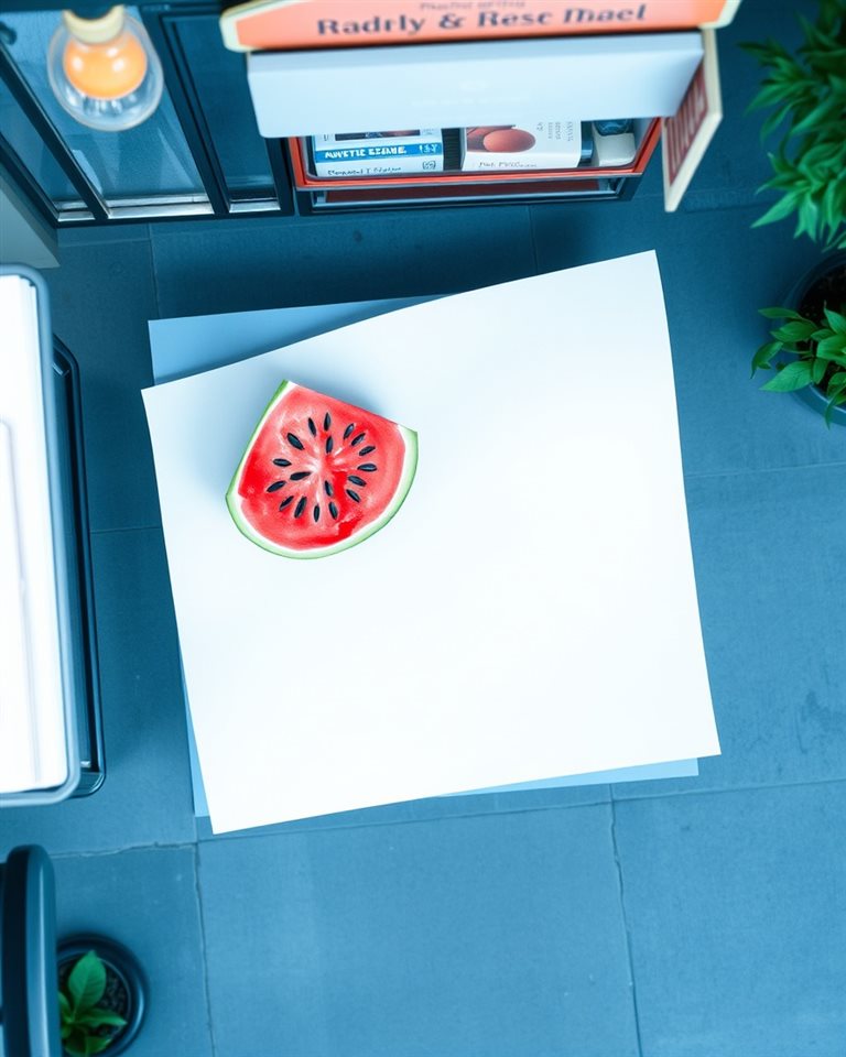Watercolor illustration of A vibrant red watermelon slice with black seeds resting on a clean white background, high-angle view from above, cool blue tones, quiet atmosphere, 4:5 aspect ratio