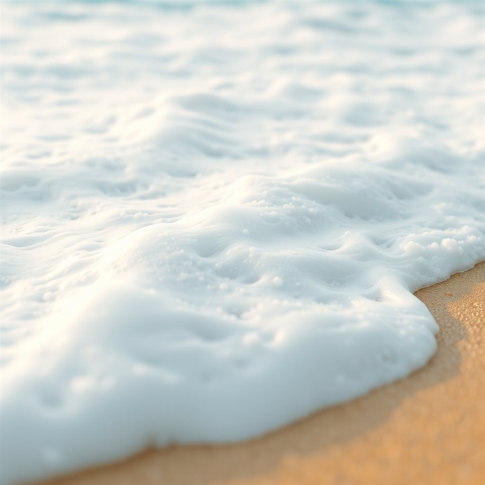 Soft 3D render of Foamy turquoise ocean waves gently crashing onto a golden sandy beach, close-up detail with shallow depth of field, misty morning haze, dreamy, 1:1 aspect ratio