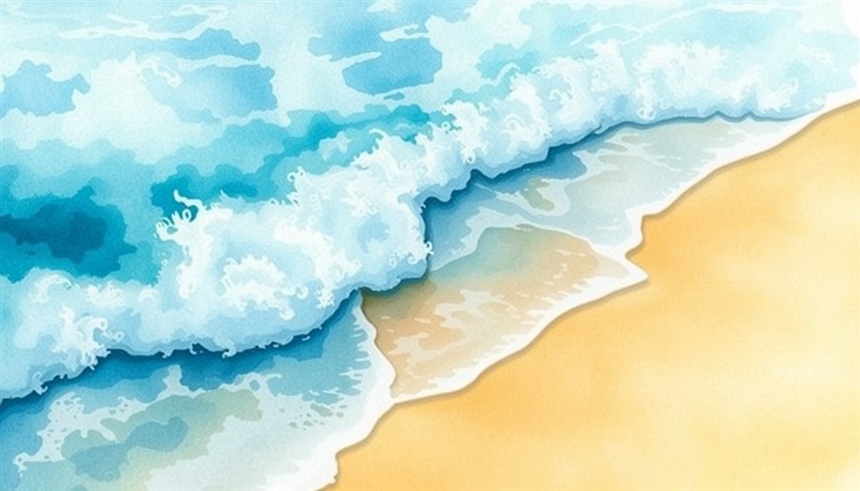 Watercolor illustration of Foamy turquoise ocean waves gently crashing onto a golden sandy beach, centered subject with a simple uncluttered composition, cool blue tones, quiet atmosphere, 16:9 aspect ratio