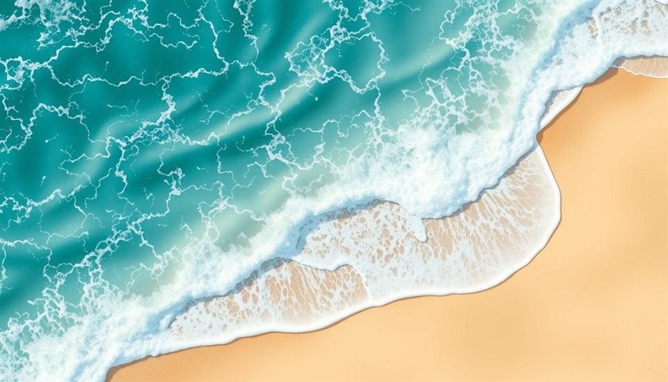 Minimal flat illustration of Foamy turquoise ocean waves gently crashing onto a golden sandy beach, high-angle view from above, soft pastel colors, bright and cozy, 16:9 aspect ratio