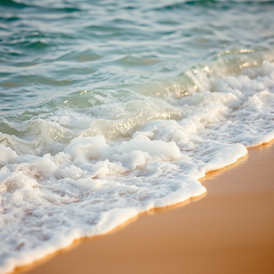 Photorealistic photo of Foamy turquoise ocean waves gently crashing onto a golden sandy beach, close-up detail with shallow depth of field, warm golden light, calm mood, 1:1 aspect ratio