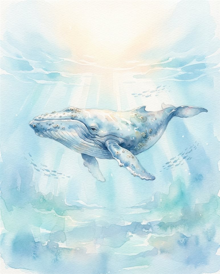 Watercolor illustration of whale in the ocean, centered subject with a simple uncluttered composition, soft pastel colors, bright and cozy, 4:5 aspect ratio