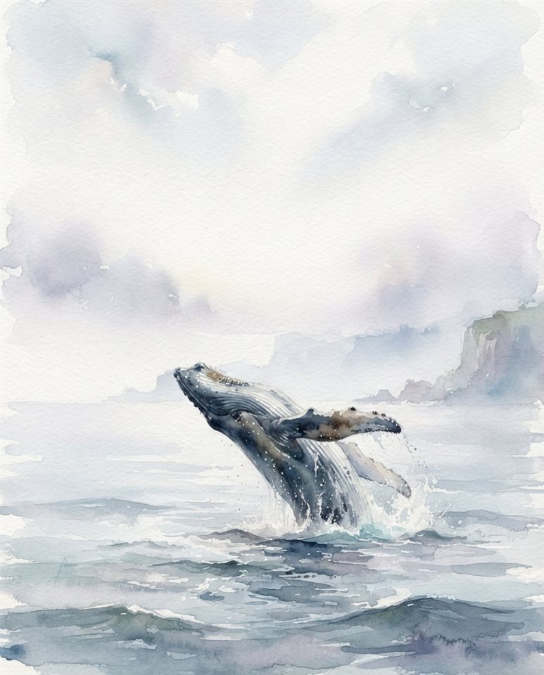 Watercolor illustration of whale in the ocean, wide shot with open space at the top for text, misty morning haze, dreamy, 4:5 aspect ratio