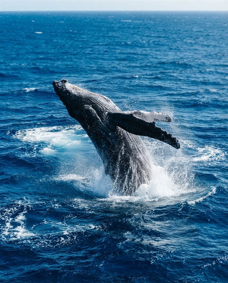Cinematic film still of whale in the ocean, high-angle view from above, vivid colors, high contrast, energetic, 4:5 aspect ratio