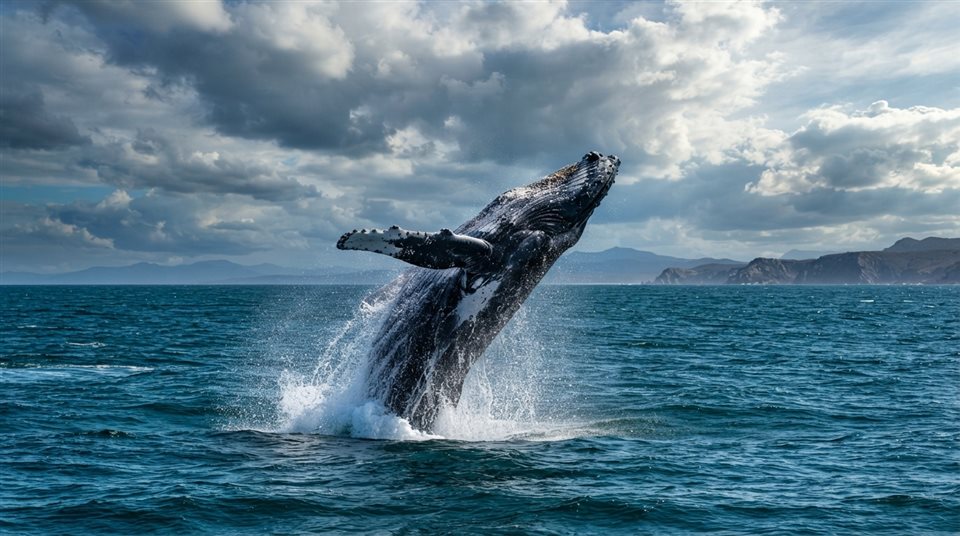 Photorealistic photo of whale in the ocean, wide shot with open space at the top for text, vivid colors, high contrast, energetic, 16:9 aspect ratio