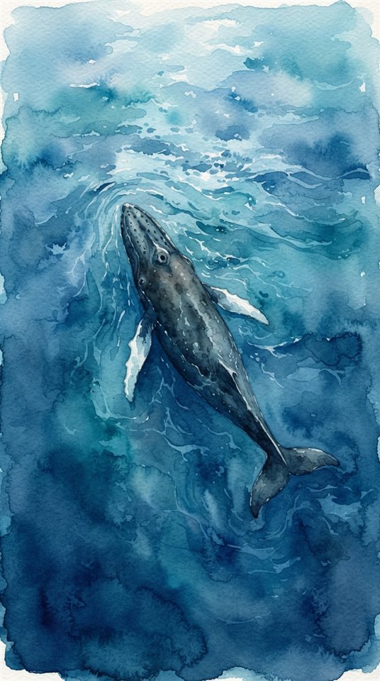 Watercolor illustration of whale in the ocean, high-angle view from above, cool blue tones, quiet atmosphere, 9:16 aspect ratio