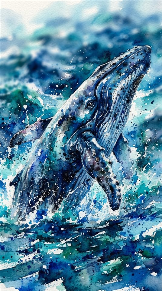 Watercolor illustration of whale in the ocean, close-up detail with shallow depth of field, vivid colors, high contrast, energetic, 9:16 aspect ratio