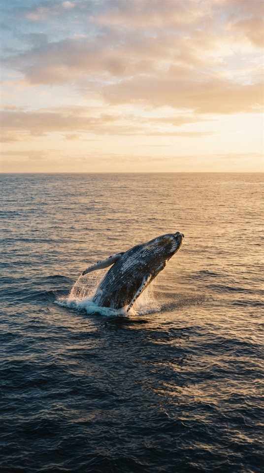 Cinematic film still of whale in the ocean, wide shot with open space at the top for text, warm golden light, calm mood, 9:16 aspect ratio