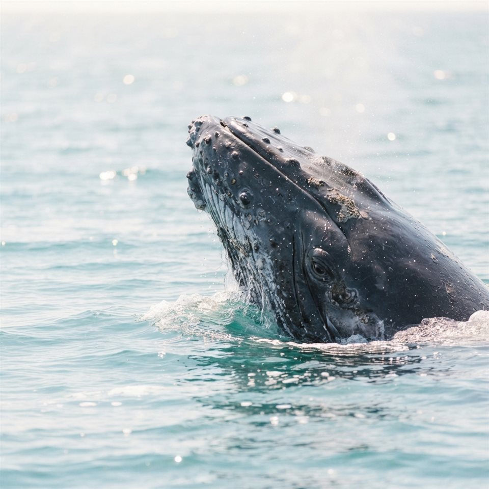 Photorealistic photo of whale in the ocean, close-up detail with shallow depth of field, soft pastel colors, bright and cozy, 1:1 aspect ratio