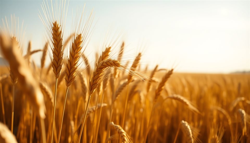 Photorealistic photo of Golden wheat stalks swaying gently together in a vast countryside field under a clear sky, close-up detail with shallow depth of field, warm golden light, calm mood, 16:9 aspect ratio