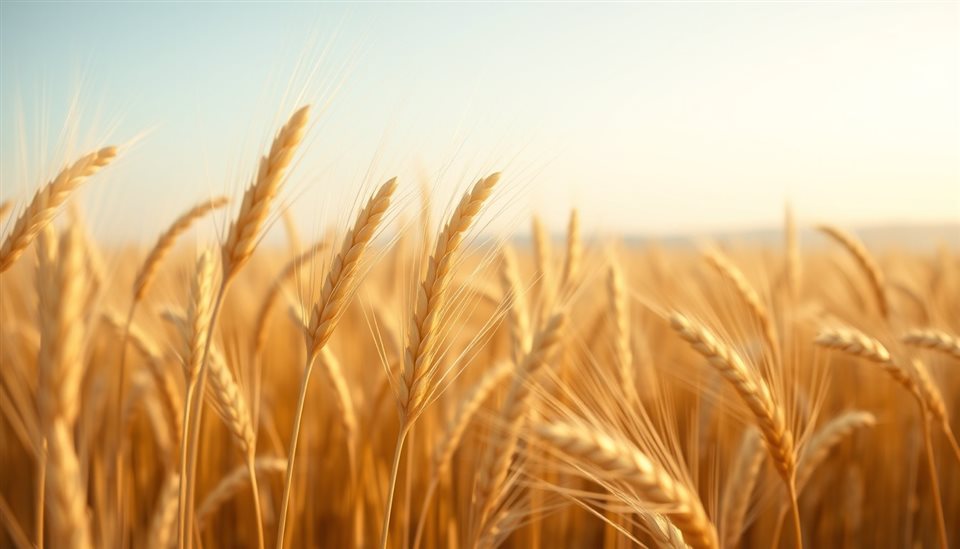 Soft 3D render of Golden wheat stalks swaying gently together in a vast countryside field under a clear sky, close-up detail with shallow depth of field, misty morning haze, dreamy, 16:9 aspect ratio