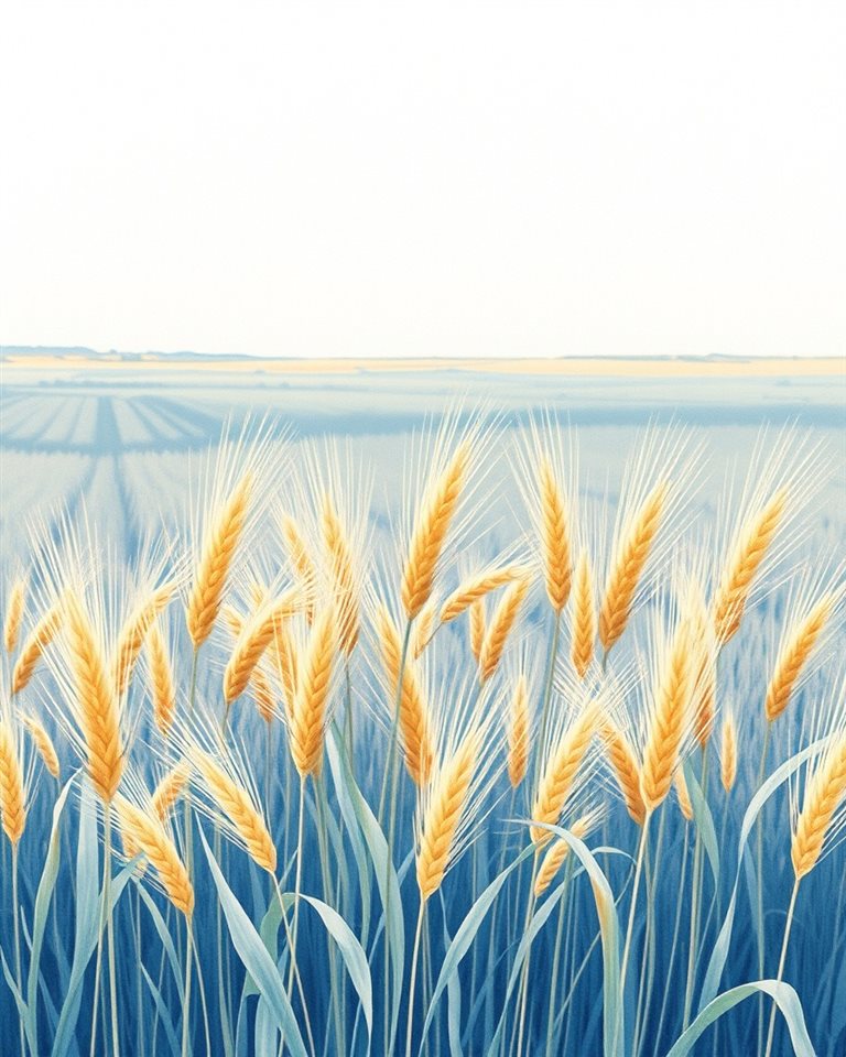 Watercolor illustration of Golden wheat stalks swaying gently together in a vast countryside field under a clear sky, centered subject with a simple uncluttered composition, cool blue tones, quiet atmosphere, 4:5 aspect ratio