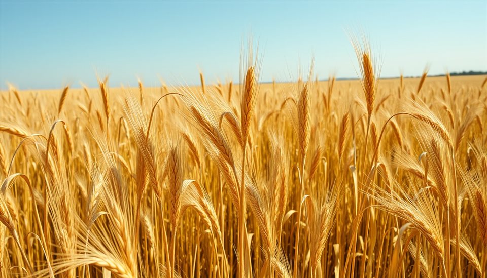Cinematic film still of Golden wheat stalks swaying gently together in a vast countryside field under a clear sky, wide shot with open space at the top for text, vivid colors, high contrast, energetic, 16:9 aspect ratio