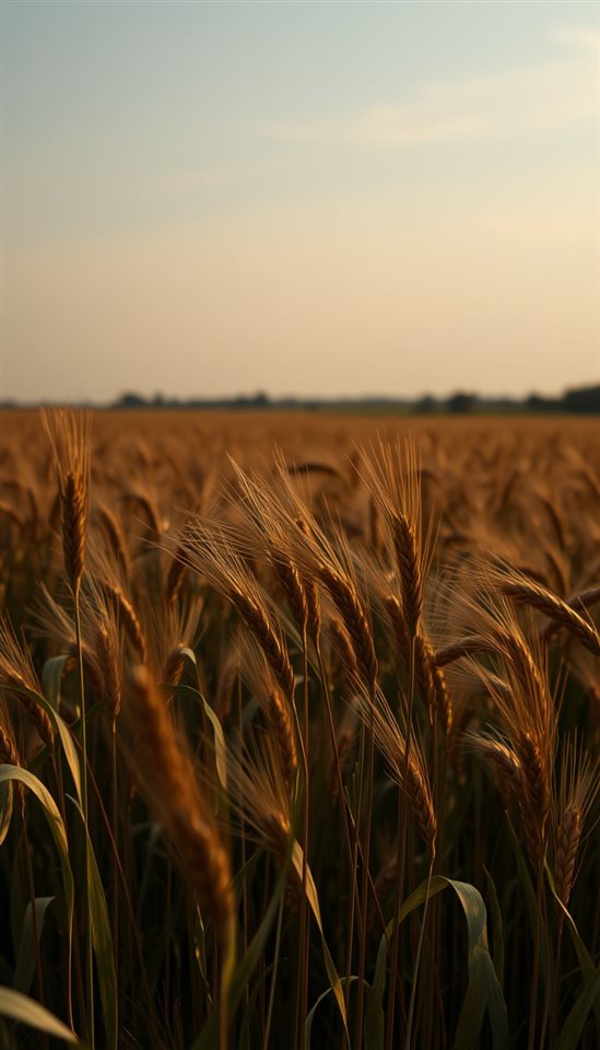 Photorealistic photo of Golden wheat stalks swaying gently together in a vast countryside field under a clear sky, wide shot with open space at the top for text, moody dark tones, dramatic lighting, 9:16 aspect ratio