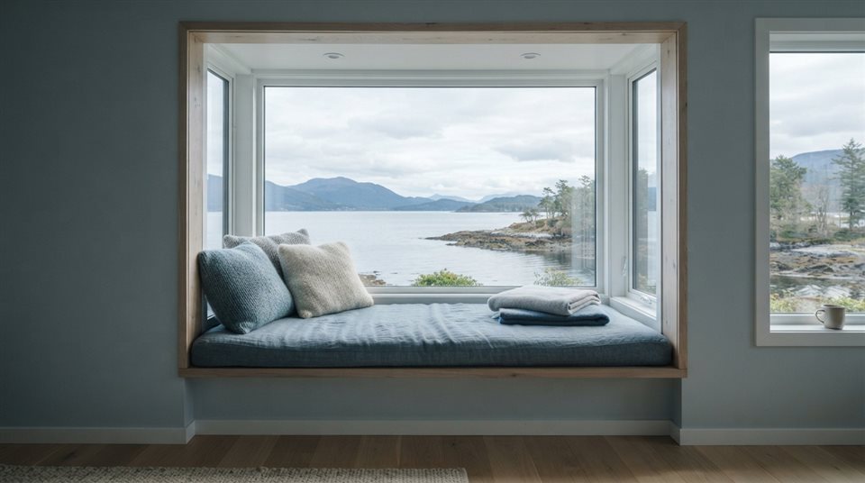Photorealistic photo of a window seat with cushions and a view, centered subject with a simple uncluttered composition, cool blue tones, quiet atmosphere, 16:9 aspect ratio