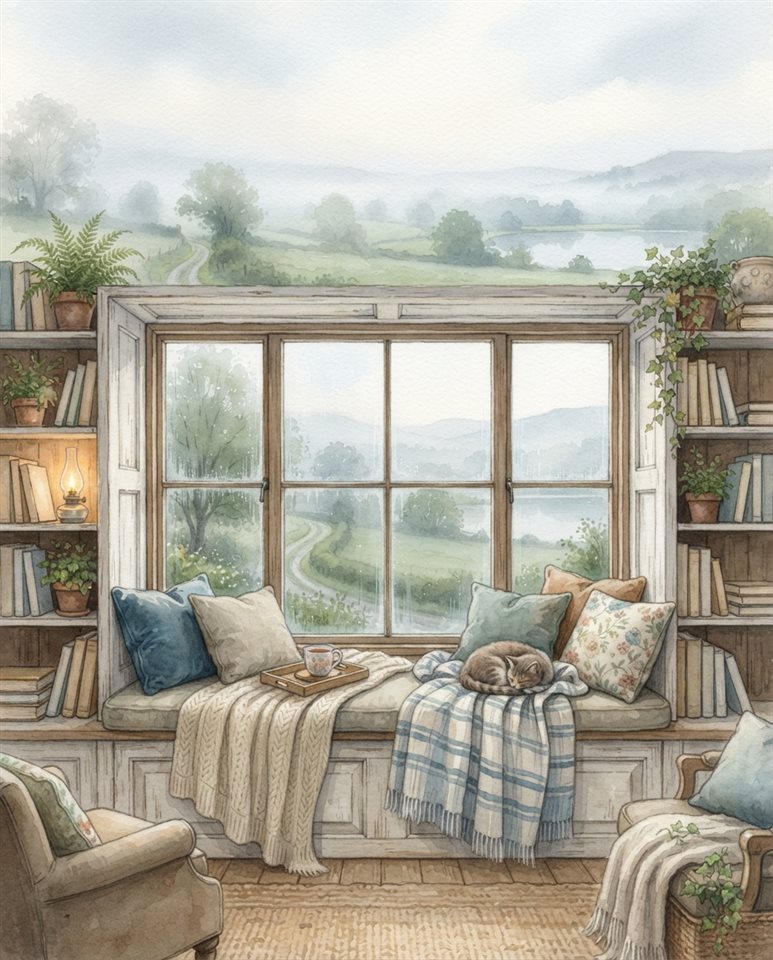 Watercolor illustration of a window seat with cushions and a view, wide shot with open space at the top for text, misty morning haze, dreamy, 4:5 aspect ratio