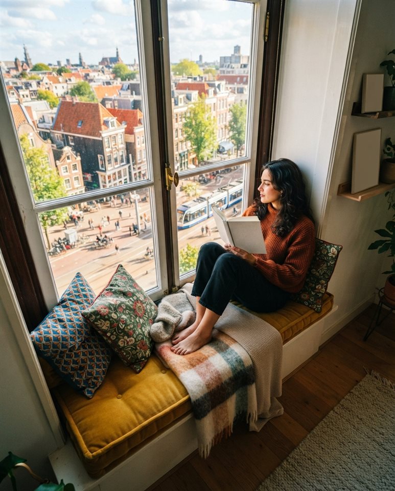 Cinematic film still of a window seat with cushions and a view, high-angle view from above, vivid colors, high contrast, energetic, 4:5 aspect ratio