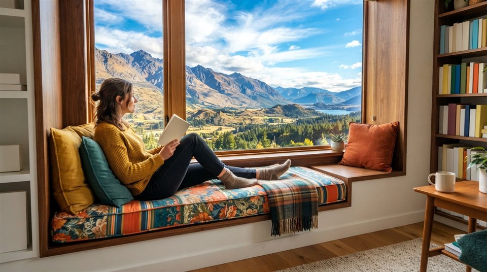 Photorealistic photo of a window seat with cushions and a view, wide shot with open space at the top for text, vivid colors, high contrast, energetic, 16:9 aspect ratio