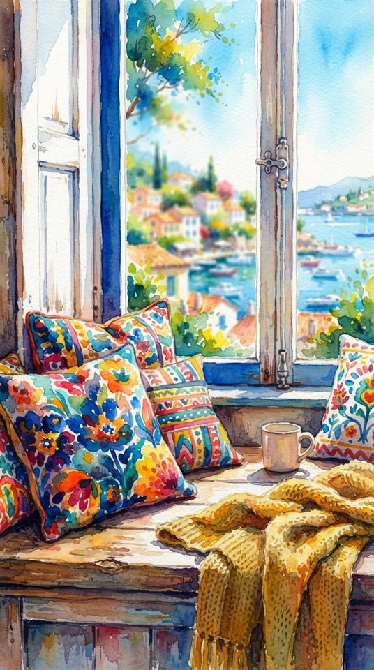 Watercolor illustration of a window seat with cushions and a view, close-up detail with shallow depth of field, vivid colors, high contrast, energetic, 9:16 aspect ratio
