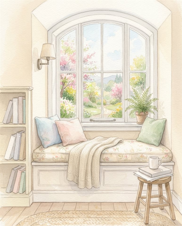Watercolor illustration of a window seat with cushions and a view, centered subject with a simple uncluttered composition, soft pastel colors, bright and cozy, 4:5 aspect ratio
