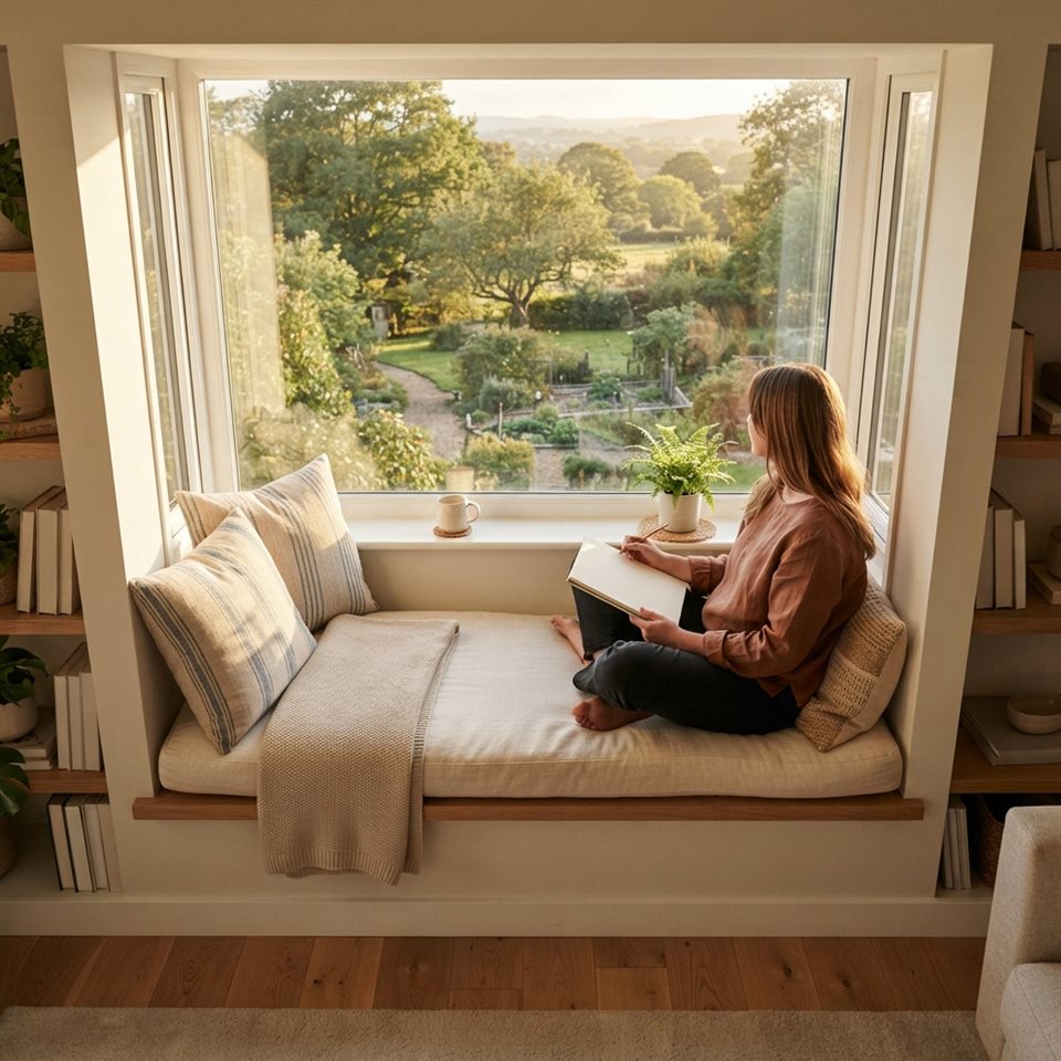Photorealistic photo of a window seat with cushions and a view, high-angle view from above, warm golden light, calm mood, 1:1 aspect ratio