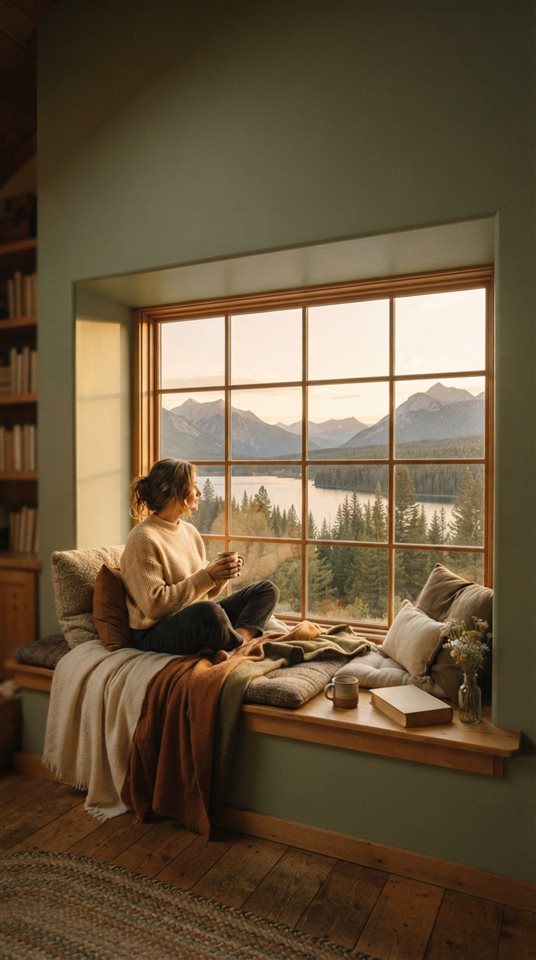 Cinematic film still of a window seat with cushions and a view, wide shot with open space at the top for text, warm golden light, calm mood, 9:16 aspect ratio