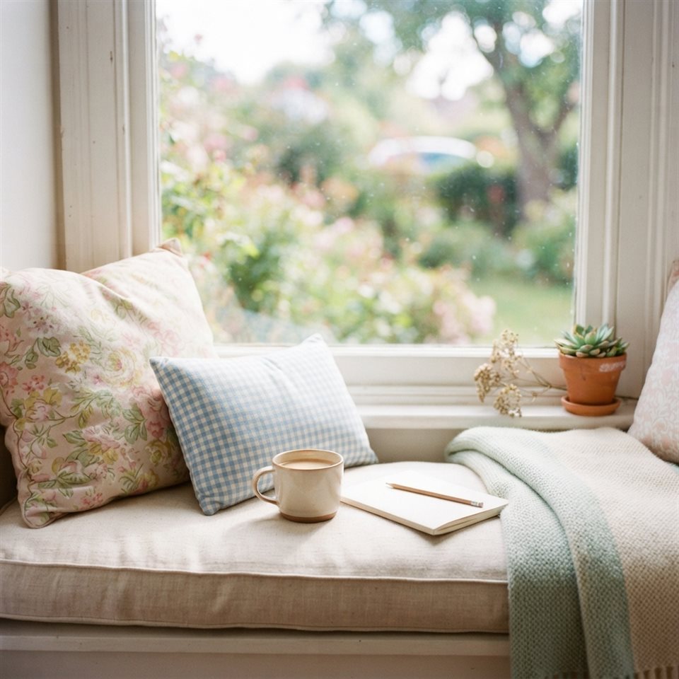 Photorealistic photo of a window seat with cushions and a view, close-up detail with shallow depth of field, soft pastel colors, bright and cozy, 1:1 aspect ratio