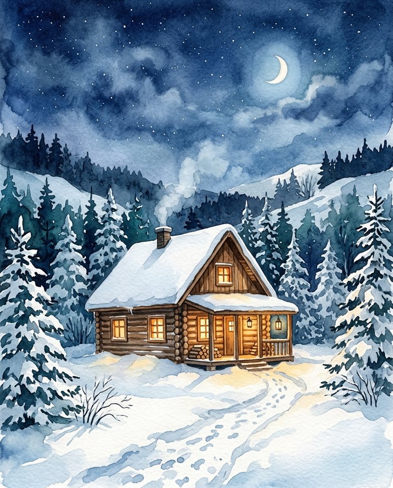 Ilustração em aquarela de cabana de madeira aconchegante na neve à noite, tomada ampla com espaço livre na parte superior para texto, cores pastel suaves, brilhante e aconchegante, proporção 4:5