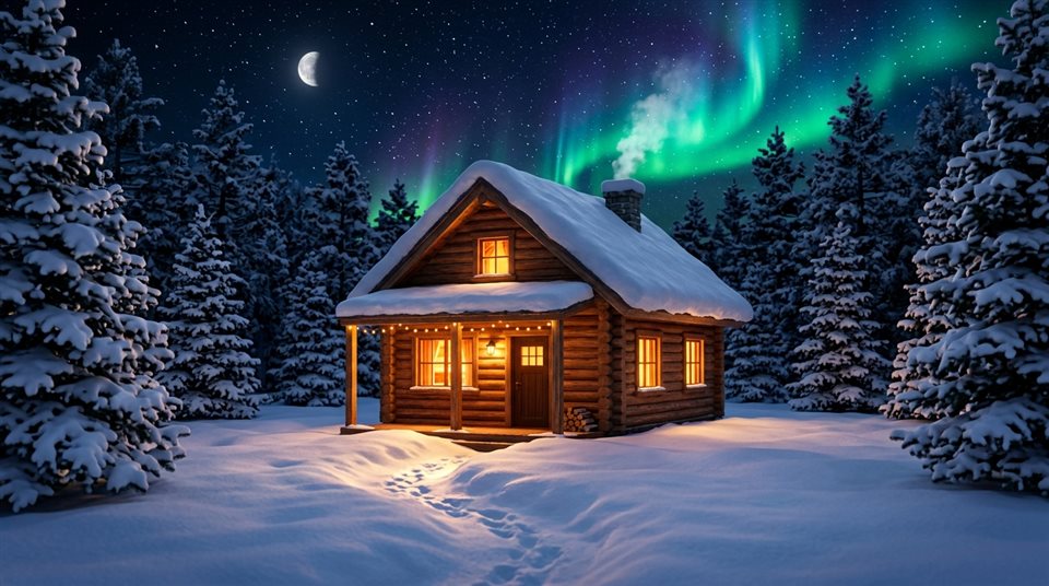 Renderizado 3D suave de una acogedora cabaña de madera en la nieve por la noche, sujeto centrado con una composición simple y despejada, colores vivos, alto contraste, enérgico, relación de aspecto 16:9