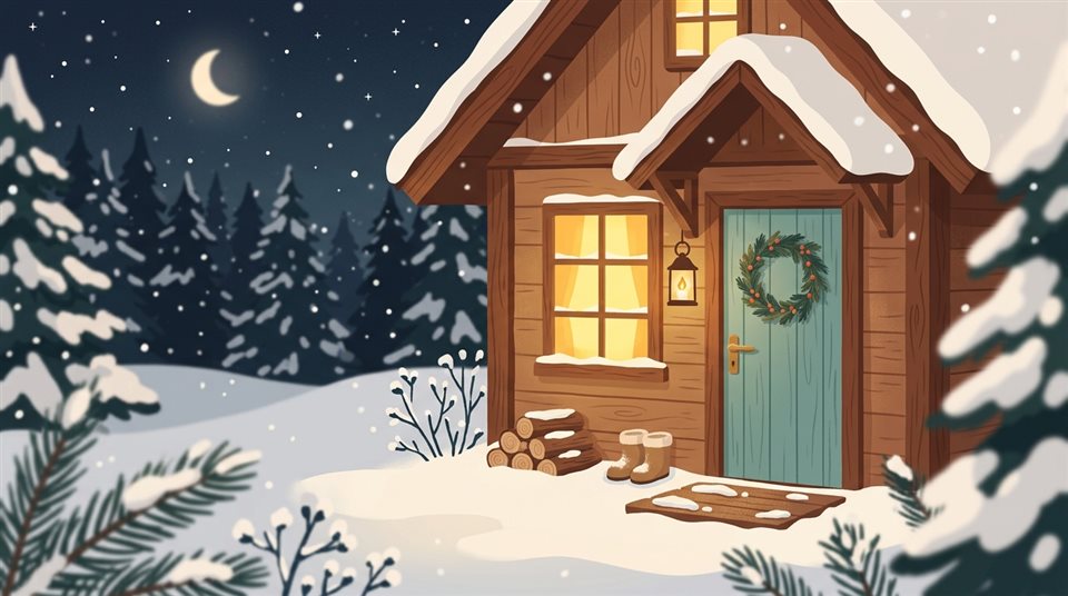 Ilustración plana minimalista de una acogedora cabaña de madera en la nieve por la noche, detalle en primer plano con poca profundidad de campo, colores pastel suaves, brillante y acogedor, relación de aspecto 16:9