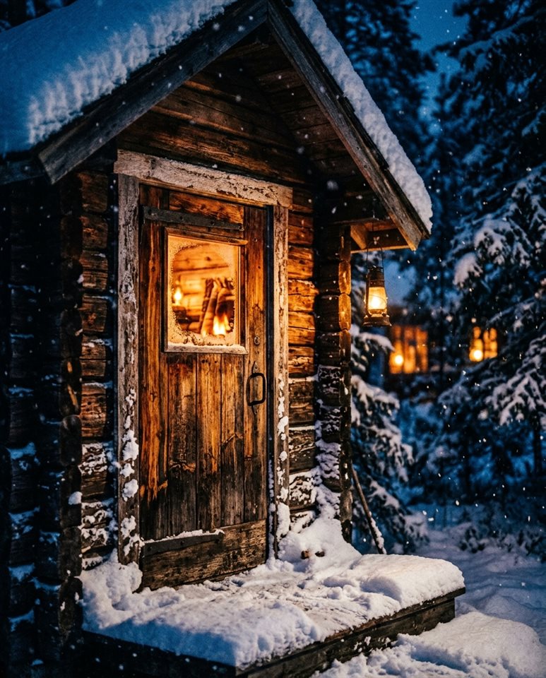 夜間雪中舒適木屋的電影感劇照，近距離細節搭配淺景深，鮮豔色彩，高對比度，充滿活力，4:5比例