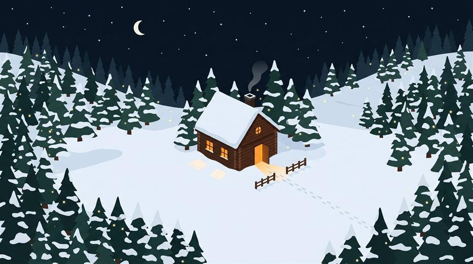 夜晚雪地中溫馨的小木屋的極簡平面插畫，高角度俯視視角，溫暖金光，平靜氛圍，16:9 比例