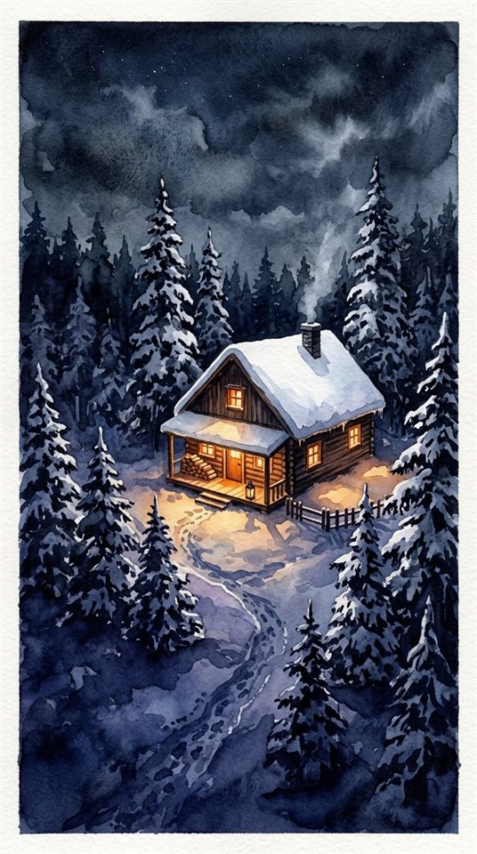 夜晚雪地中溫馨的小木屋的水彩插畫，高角度俯視視角，憂鬱深沉色調，戲劇性燈光，9:16 比例