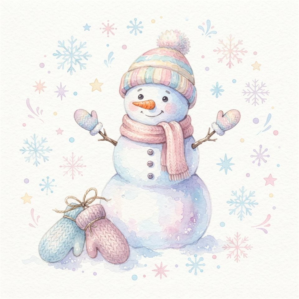純白背景上的雪人、連指手套與雪花水彩插圖，單一主體獨立，置於中心，柔和粉彩色彩，明亮而溫馨，1:1比例