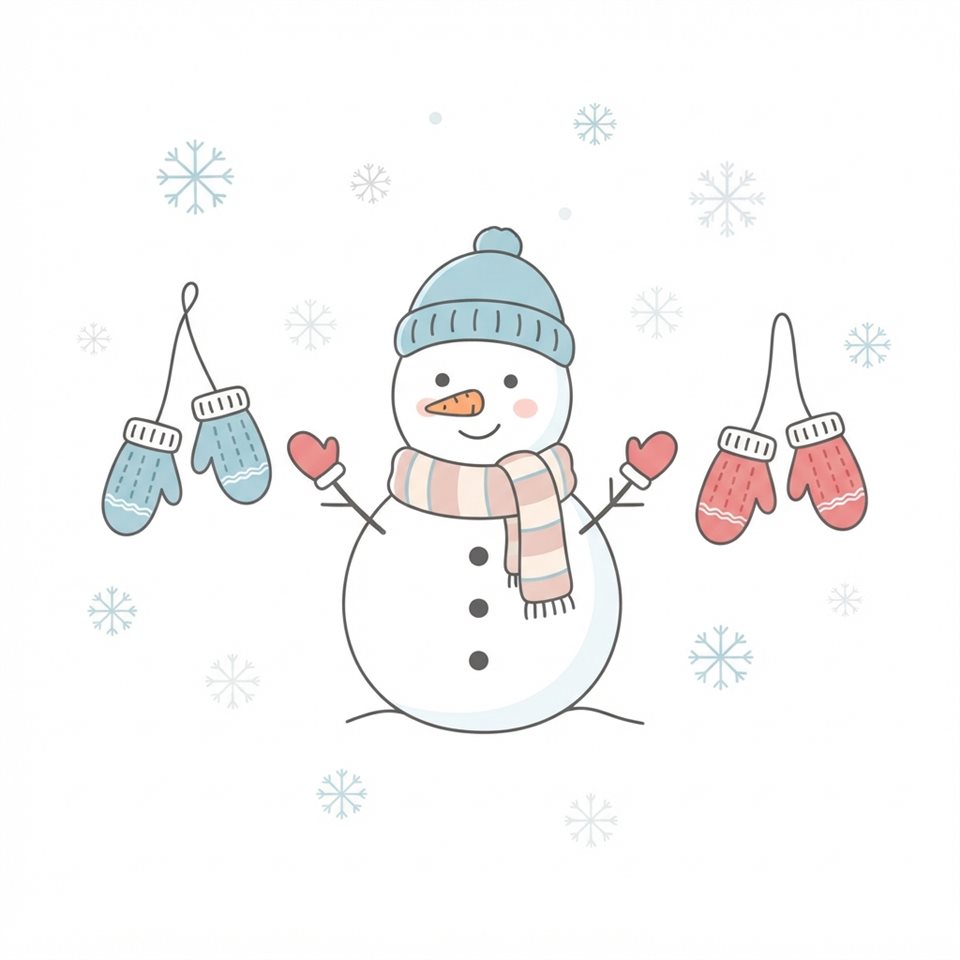 雪人、毛手套與雪花，純白背景上的柔和色彩簡笔畫，簡單的圖標式構圖，柔和的粉嫩色彩，明亮而溫馨，1:1比例