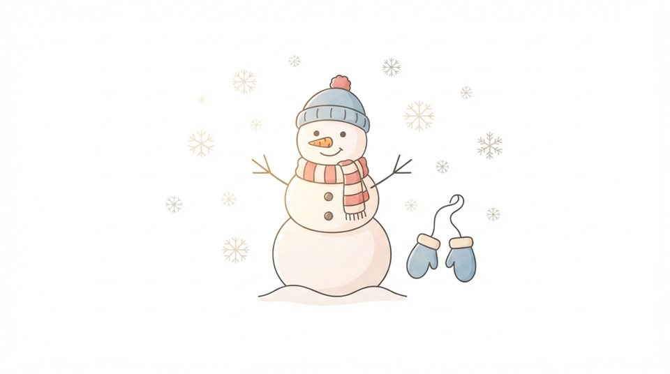 純白背景上的雪人、連指手套與雪花柔和色彩簡約線條藝術，單一主體獨立，置於中心，溫暖金光，沉穩情緒，16:9比例