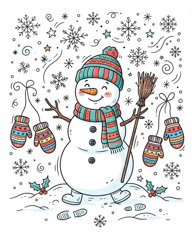雪人、毛手套與雪花，純白背景上的柔和色彩簡笔畫，歡樂的場景與柔和的細節，鮮豔的色彩，高對比，充滿活力，4:5比例