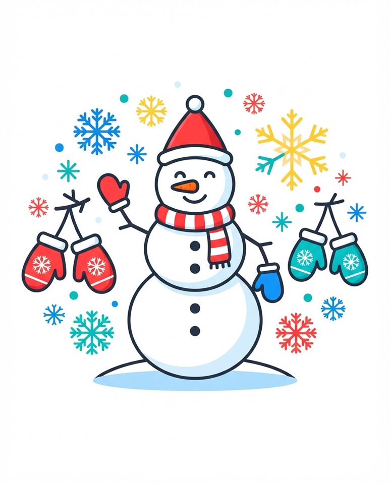純白背景上的雪人、連指手套與雪花平面向量插圖，簡約圖標式構圖，鮮豔色彩，高對比度，充滿活力，4:5比例