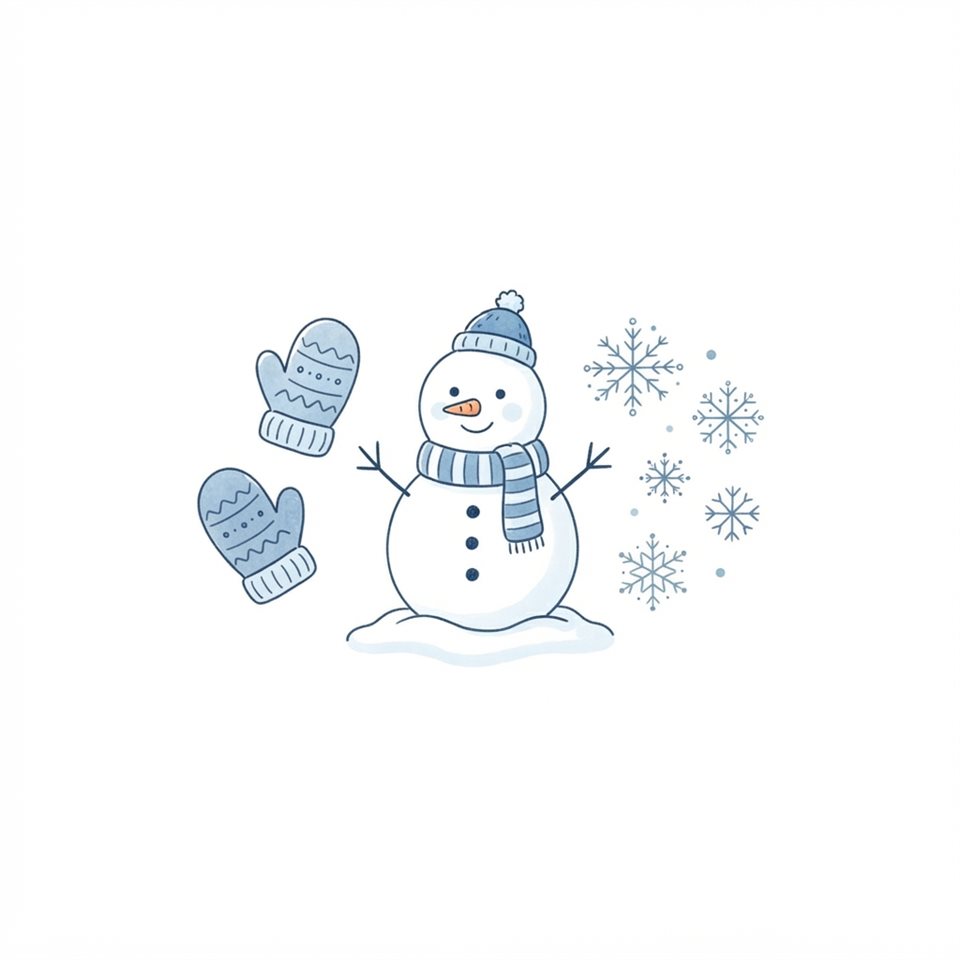 純白背景上的雪人、連指手套與雪花柔和色彩簡約線條藝術，整齊排列的小型物件組合，冷藍色調，靜謐氛圍，1:1比例
