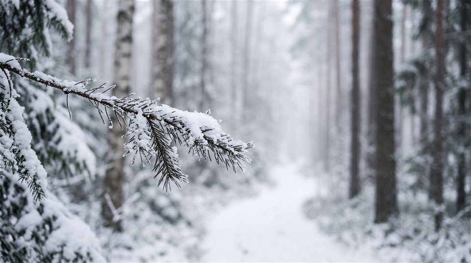 Photorealistic photo of quiet snowy forest with soft light, close-up detail with shallow depth of field, misty morning haze, dreamy, 16:9 aspect ratio