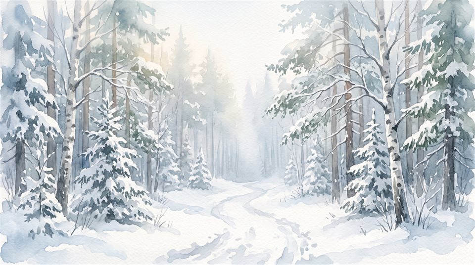 Watercolor illustration of quiet snowy forest with soft light, centered subject with a simple uncluttered composition, misty morning haze, dreamy, 16:9 aspect ratio