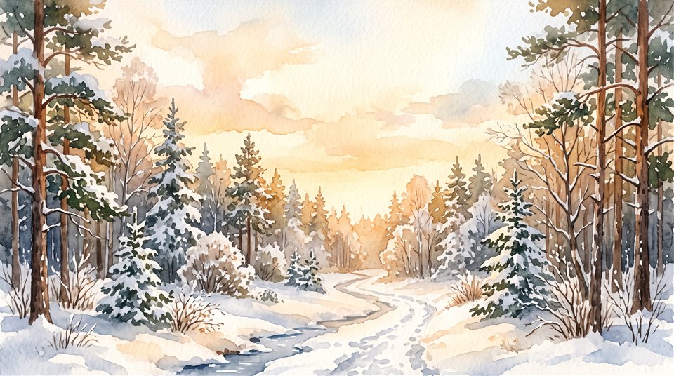 은은한 빛이 드는 고요한 눈 숲, 수채화 일러스트, 위쪽에 글자 넣을 여백이 있는 넓은 구도, 따뜻한 황금빛, 차분한 분위기, 16:9 비율