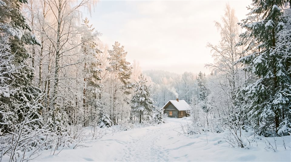 Cinematic film still of quiet snowy forest with soft light, wide shot with open space at the top for text, soft pastel colors, bright and cozy, 16:9 aspect ratio